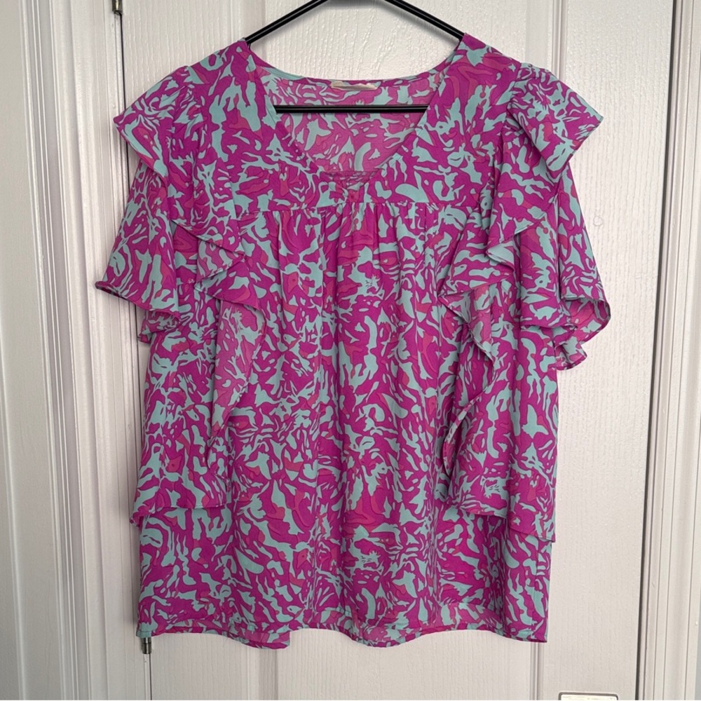 Doe & Rae Pink and Blue Ruffle Sleeve Blouse